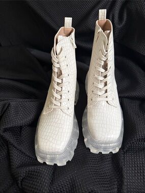 Women's Cream Croc-Embossed Lace-Up Combat Boots